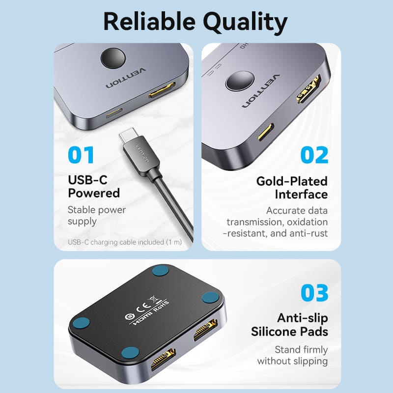 VENTION 2-Port Bi-Directional 8K HDMI Switcher Gray Aluminium Alloy Type