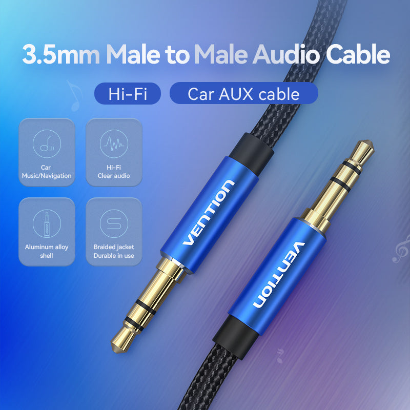 VENTION male to male aux cable in blue with braided jacket for Hi-Fi audio and car use